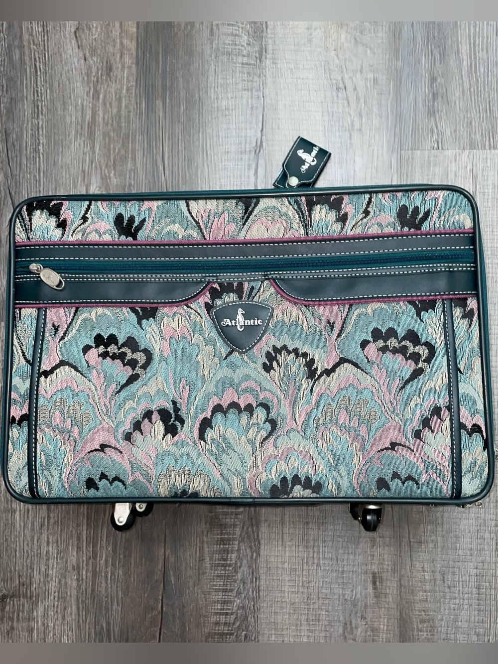 Vintage Atlantic Tapestry Suitcase Carry On Travel Rolling Green & Pink